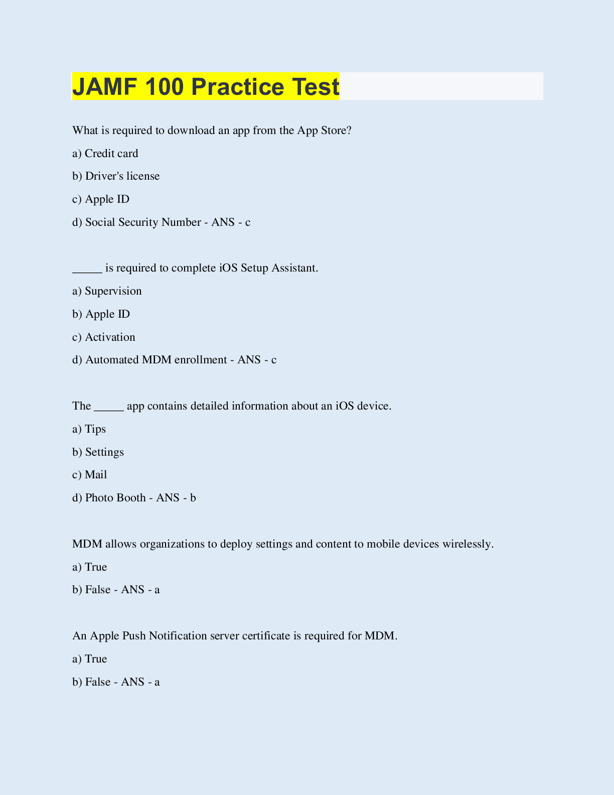 Preview of JAMF 100 Practice Test | 60 Questions with 100% Correct Answers | Updated & Verified